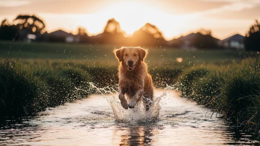 An epic moment in Doveton pet photography capturing joyful moments: a spirited golden retriever in mid-air, leaping joyfully after a toy in Doveton Park, illuminated by dramatic golden hour light, with professional color grading and a shallow depth of field.
