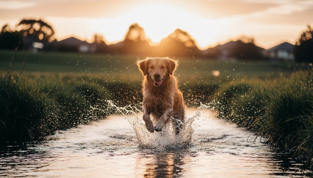 An epic moment in Doveton pet photography capturing joyful moments: a spirited golden retriever in mid-air, leaping joyfully after a toy in Doveton Park, illuminated by dramatic golden hour light, with professional color grading and a shallow depth of field.