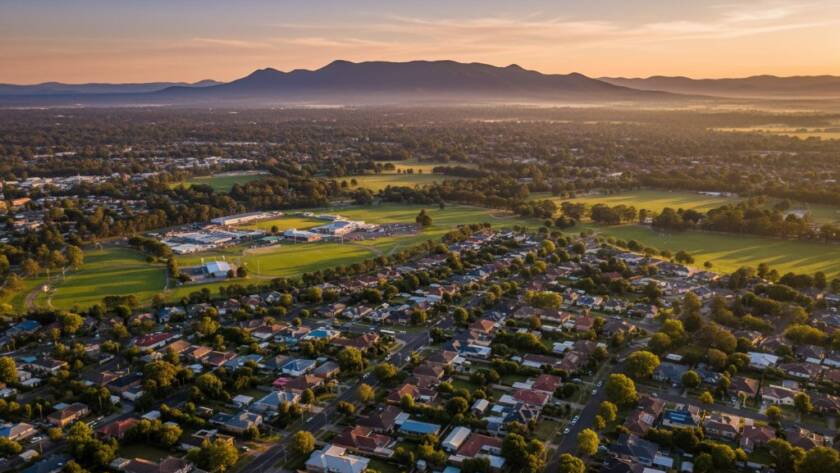 A breathtaking aerial view of Doveton, Victoria, captured by Doveton Victoria drone photography elevated perspectives, showcasing a vibrant sunset over the local landscape with the Dandenong Ranges in the distance, evoking a sense of expansive beauty and professional artistry.