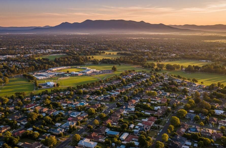 A breathtaking aerial view of Doveton, Victoria, captured by Doveton Victoria drone photography elevated perspectives, showcasing a vibrant sunset over the local landscape with the Dandenong Ranges in the distance, evoking a sense of expansive beauty and professional artistry.