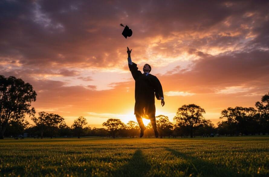 A jubilant graduate in Doveton, Victoria, tosses their cap against a dramatic sunset sky, celebrating their 'Doveton Victoria graduation photography epic moments' with professional lighting and a cinematic feel.