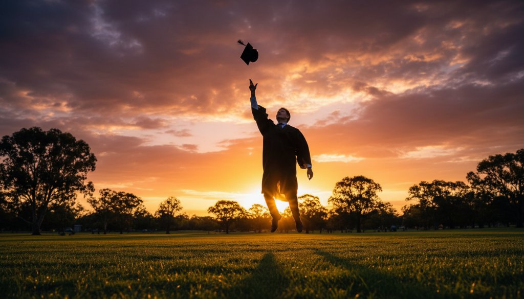 A jubilant graduate in Doveton, Victoria, tosses their cap against a dramatic sunset sky, celebrating their 'Doveton Victoria graduation photography epic moments' with professional lighting and a cinematic feel.