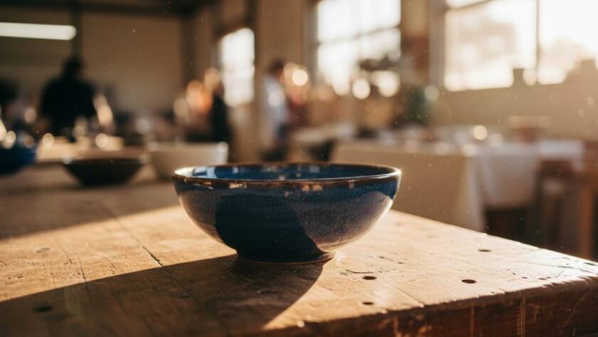Dramatic close-up of a handcrafted ceramic mug from a local Doveton artisan, beautifully lit to highlight its texture and form, set against a blurred backdrop evoking a bustling local market in Doveton, showcasing expert Doveton Victoria product photography for local artisans.
