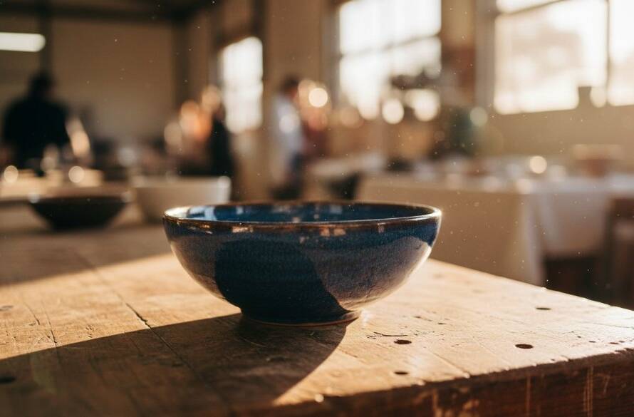 Dramatic close-up of a handcrafted ceramic mug from a local Doveton artisan, beautifully lit to highlight its texture and form, set against a blurred backdrop evoking a bustling local market in Doveton, showcasing expert Doveton Victoria product photography for local artisans.