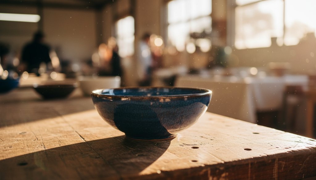 Dramatic close-up of a handcrafted ceramic mug from a local Doveton artisan, beautifully lit to highlight its texture and form, set against a blurred backdrop evoking a bustling local market in Doveton, showcasing expert Doveton Victoria product photography for local artisans.