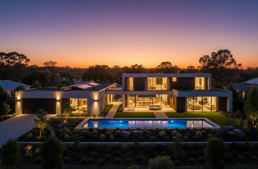 An aerial wide shot of a stunning modern home in Doveton, Victoria, captured at sunset with warm, dramatic lighting, showcasing its unique architecture and lush garden, an epic Doveton Victoria real estate photography showcase moment.