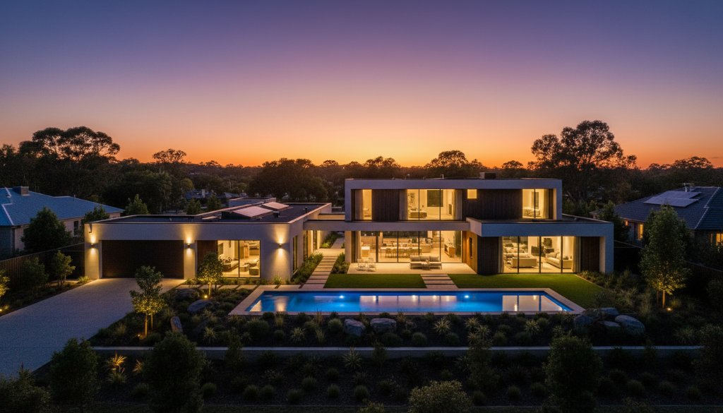 An aerial wide shot of a stunning modern home in Doveton, Victoria, captured at sunset with warm, dramatic lighting, showcasing its unique architecture and lush garden, an epic Doveton Victoria real estate photography showcase moment.
