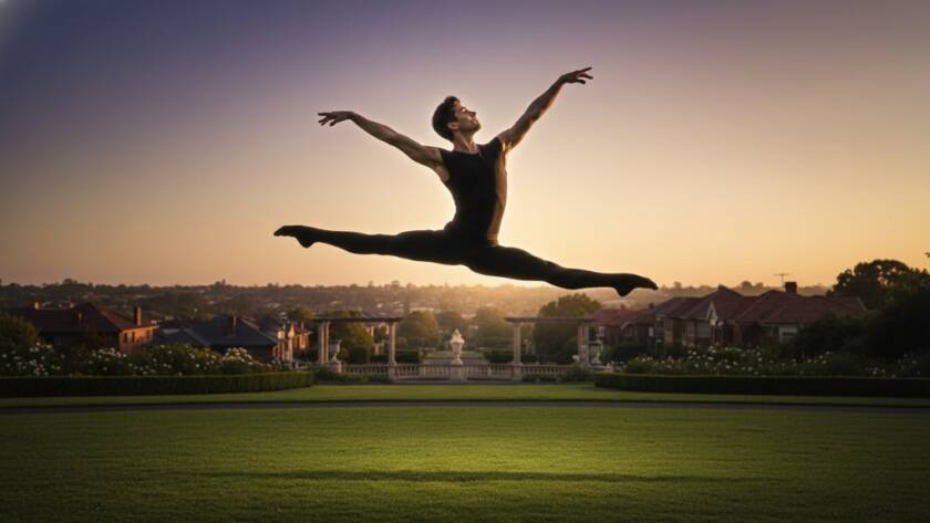 A professional photograph capturing an epic moment of a dancer in a dramatic leap, silhouetted against a beautiful Balwyn North sunset, showcasing dynamic Balwyn North dance photography for performers.