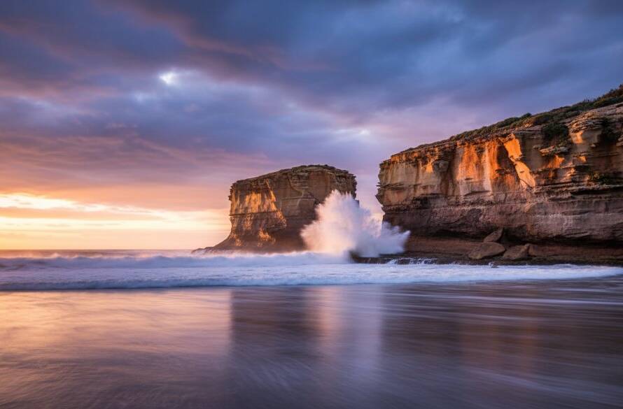 An epic moment in Dramatic Fine Art Coastal Photography Black Rock Victoria, featuring a powerful wave crashing against rugged sandstone cliffs at Half Moon Bay under a vibrant, stormy sunset sky, with golden light reflecting dramatically on the water.