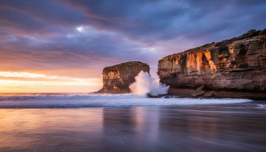 An epic moment in Dramatic Fine Art Coastal Photography Black Rock Victoria, featuring a powerful wave crashing against rugged sandstone cliffs at Half Moon Bay under a vibrant, stormy sunset sky, with golden light reflecting dramatically on the water.