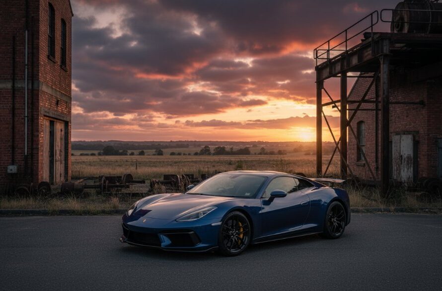 An epic moment captured: a sleek, high-performance sports car, glistening under dramatic Morwell car photography shoots lighting, parked near a historic industrial backdrop in Morwell, Victoria, with a moody, cinematic sky overhead, showcasing its powerful lines and exquisite detail.