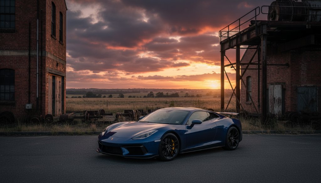 An epic moment captured: a sleek, high-performance sports car, glistening under dramatic Morwell car photography shoots lighting, parked near a historic industrial backdrop in Morwell, Victoria, with a moody, cinematic sky overhead, showcasing its powerful lines and exquisite detail.