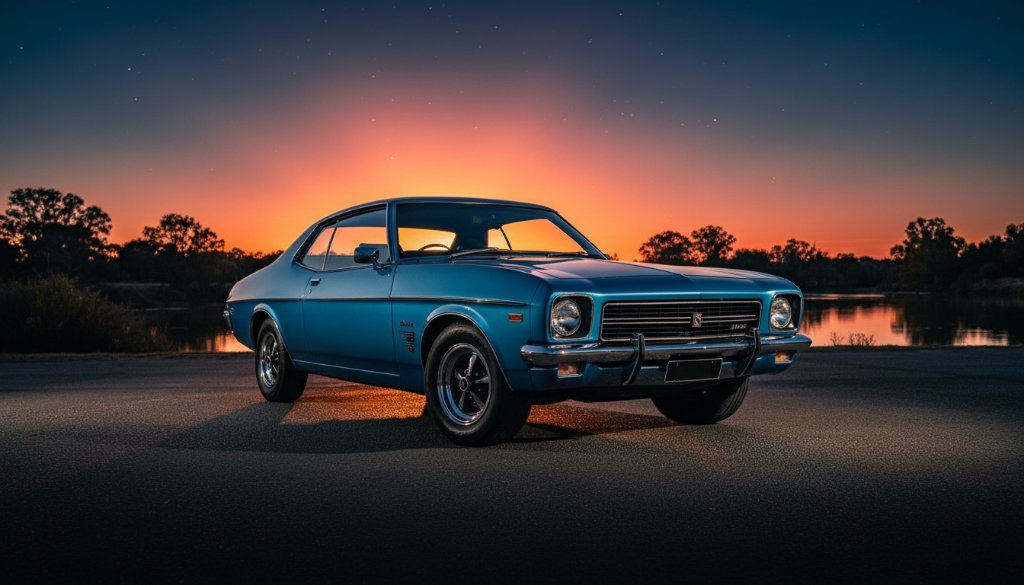 A stunning, dramatic twilight automotive photography Mooroopna Victoria shot, featuring a sleek, vintage muscle car bathed in the last golden rays of sunset, parked near the Goulburn River with subtle reflections.