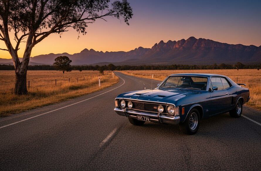 A powerfully dramatic vintage car photography Ararat Victoria image featuring a meticulously restored classic Australian muscle car, bathed in the golden hour light against the rugged landscape near the Grampians, creating an iconic, cinematic portrait.