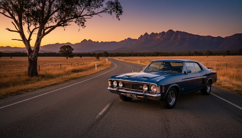 A powerfully dramatic vintage car photography Ararat Victoria image featuring a meticulously restored classic Australian muscle car, bathed in the golden hour light against the rugged landscape near the Grampians, creating an iconic, cinematic portrait.