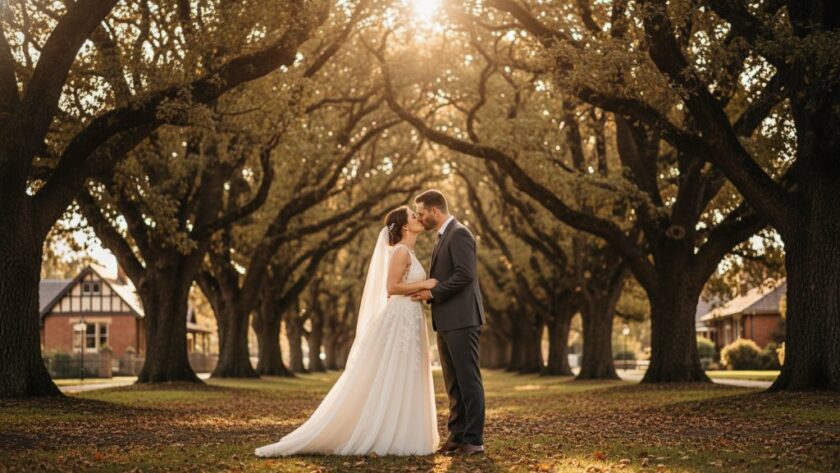 A couple sharing a tender, 'dreamy Alfredton wedding photography moments Victoria' kiss at sunset, with the iconic tree-lined avenue of Alfredton in the background, captured in a golden hour, cinematic style.