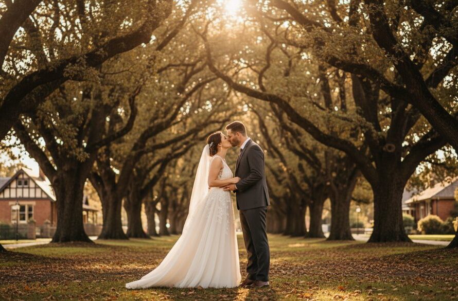 A couple sharing a tender, 'dreamy Alfredton wedding photography moments Victoria' kiss at sunset, with the iconic tree-lined avenue of Alfredton in the background, captured in a golden hour, cinematic style.