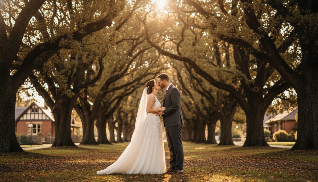 A couple sharing a tender, 'dreamy Alfredton wedding photography moments Victoria' kiss at sunset, with the iconic tree-lined avenue of Alfredton in the background, captured in a golden hour, cinematic style.