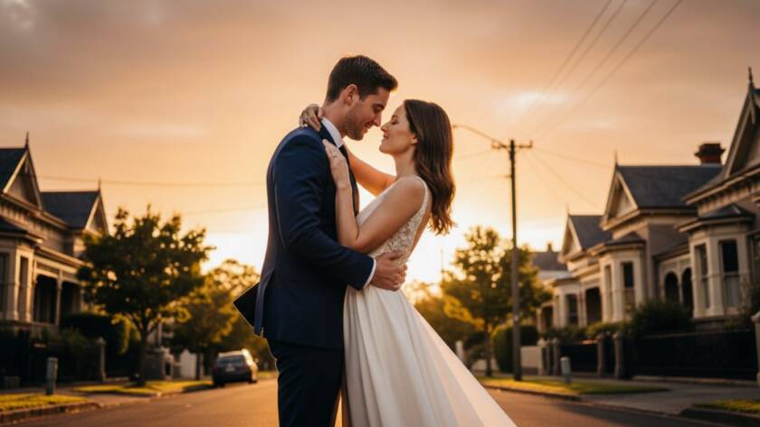 A couple shares a tender, dreamy moment during their pre-wedding photography session in Brighton East, Victoria, with the golden hour light dramatically silhouetting them against a serene Bayside backdrop, capturing an epic and emotional scene.