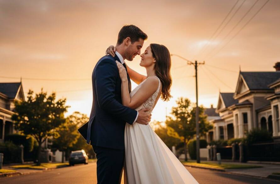A couple shares a tender, dreamy moment during their pre-wedding photography session in Brighton East, Victoria, with the golden hour light dramatically silhouetting them against a serene Bayside backdrop, capturing an epic and emotional scene.