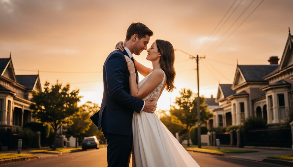 A couple shares a tender, dreamy moment during their pre-wedding photography session in Brighton East, Victoria, with the golden hour light dramatically silhouetting them against a serene Bayside backdrop, capturing an epic and emotional scene.