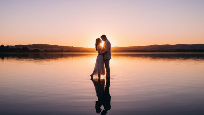 A couple embracing passionately at sunset in one of the dreamy Churchill engagement photography locations Victoria, with golden light illuminating their joyful expressions and the rolling hills of Gippsland in the background, captured in an epic, professional, and color-graded style.
