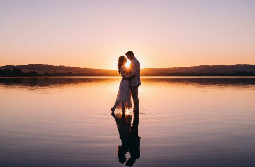 A couple embracing passionately at sunset in one of the dreamy Churchill engagement photography locations Victoria, with golden light illuminating their joyful expressions and the rolling hills of Gippsland in the background, captured in an epic, professional, and color-graded style.