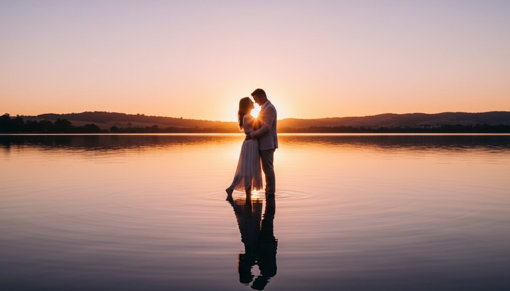 A couple embracing passionately at sunset in one of the dreamy Churchill engagement photography locations Victoria, with golden light illuminating their joyful expressions and the rolling hills of Gippsland in the background, captured in an epic, professional, and color-graded style.