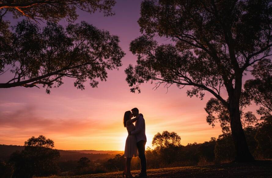 A couple embracing passionately at sunset in a scenic Croydon Hills park, bathed in golden light, capturing a dreamy Croydon Hills engagement photography Victoria epic moment.