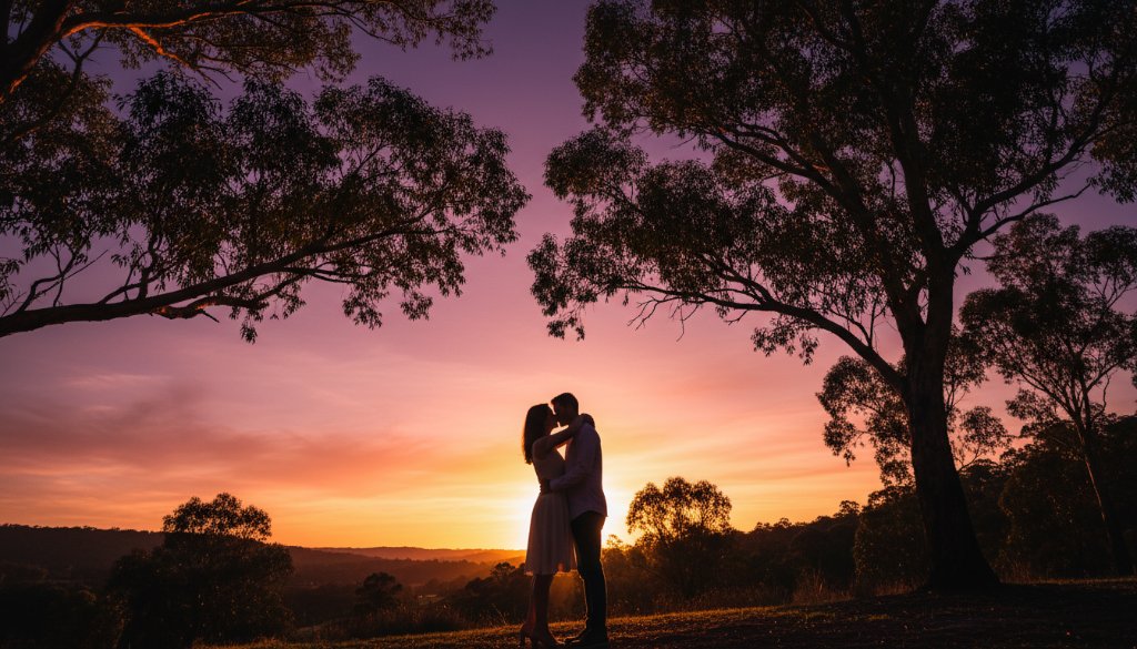 A couple embracing passionately at sunset in a scenic Croydon Hills park, bathed in golden light, capturing a dreamy Croydon Hills engagement photography Victoria epic moment.