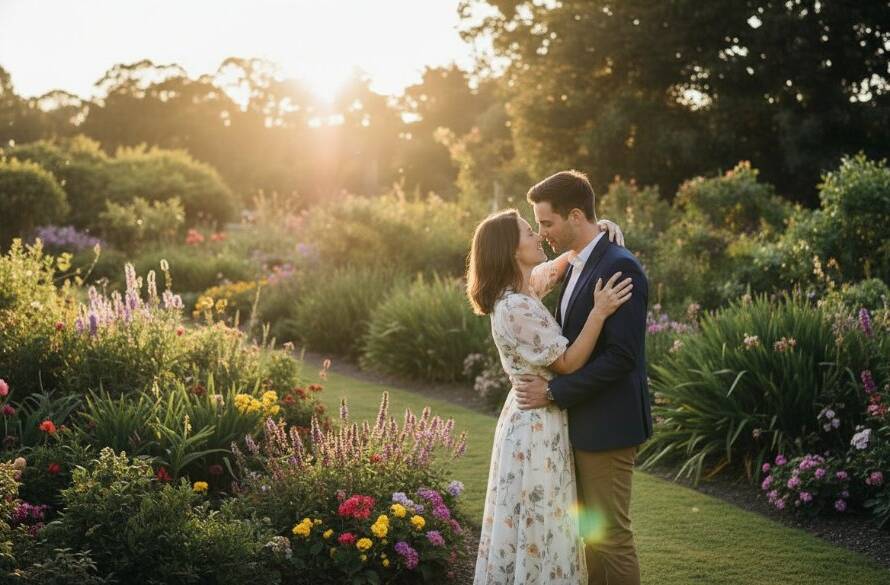 A beautifully composed, cinematic photograph showcasing dreamy engagement photography Doncaster East gardens, with a couple silhouetted against a golden sunset in a lush garden, evoking an epic, romantic moment.