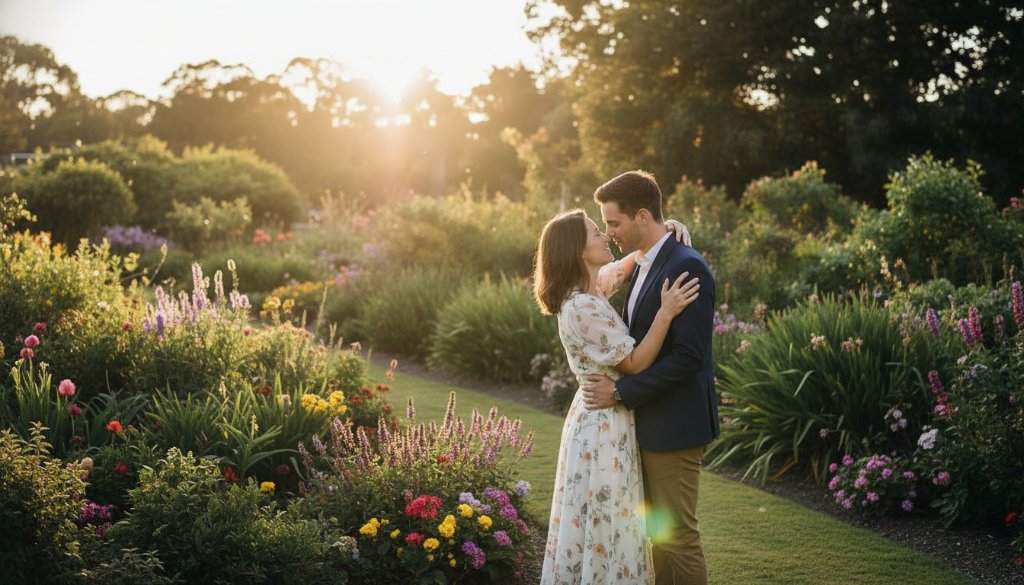A beautifully composed, cinematic photograph showcasing dreamy engagement photography Doncaster East gardens, with a couple silhouetted against a golden sunset in a lush garden, evoking an epic, romantic moment.