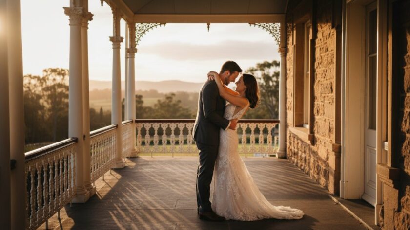 A newlywed couple shares a dramatic, loving gaze amidst the golden hour glow in a lush, historic garden in Eureka, Victoria, perfectly capturing their dreamy Eureka wedding photography Ballarat region moment. Professional, cinematic wedding photography.