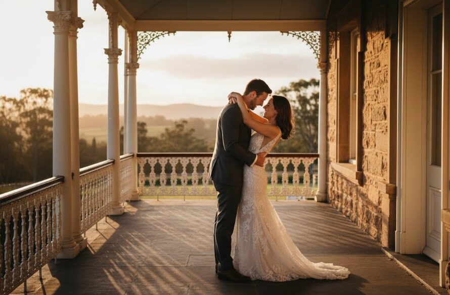 A newlywed couple shares a dramatic, loving gaze amidst the golden hour glow in a lush, historic garden in Eureka, Victoria, perfectly capturing their dreamy Eureka wedding photography Ballarat region moment. Professional, cinematic wedding photography.
