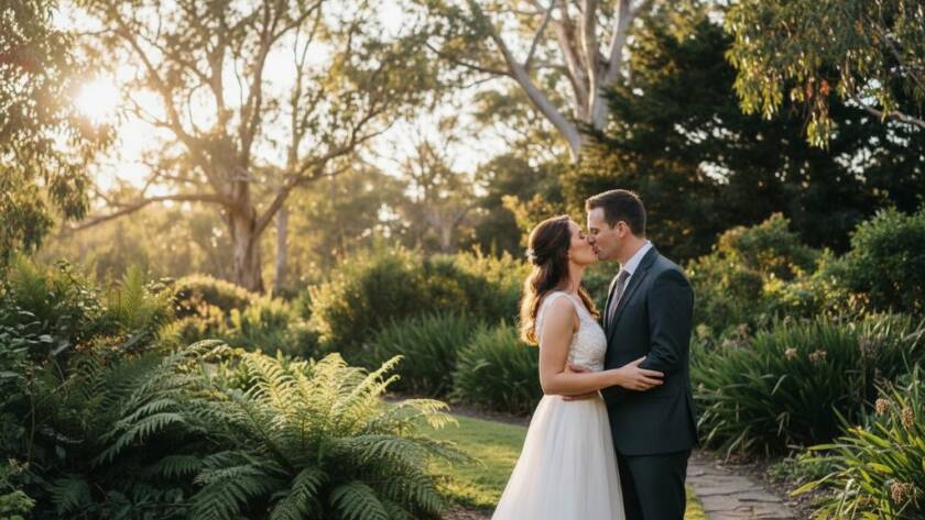 An epic moment of a newlywed couple embracing passionately under dappled sunlight in a lush Ferntree Gully garden, capturing the essence of dreamy Ferntree Gully garden wedding photography, with native Australian flora in soft focus.