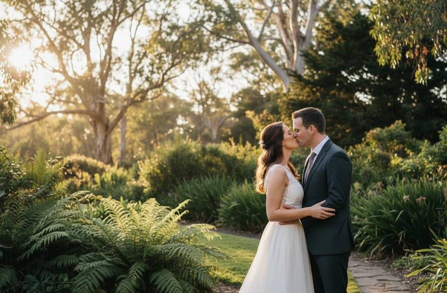 An epic moment of a newlywed couple embracing passionately under dappled sunlight in a lush Ferntree Gully garden, capturing the essence of dreamy Ferntree Gully garden wedding photography, with native Australian flora in soft focus.