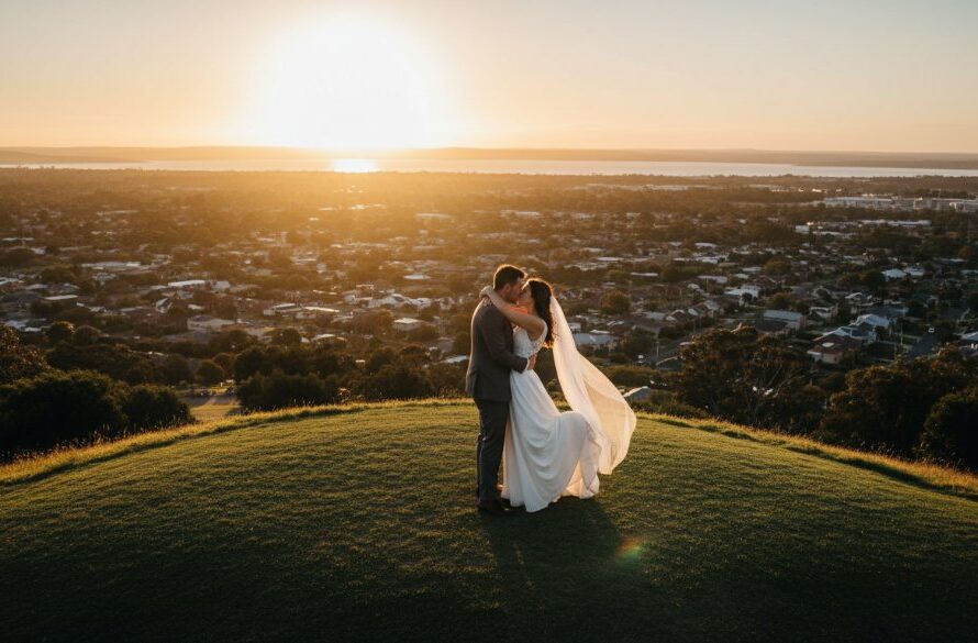 A breathtaking aerial shot showcasing dreamy Hamlyn Heights wedding photography Geelong, featuring a couple embracing at sunset on a scenic hilltop overlooking the suburb, with dramatic golden light.
