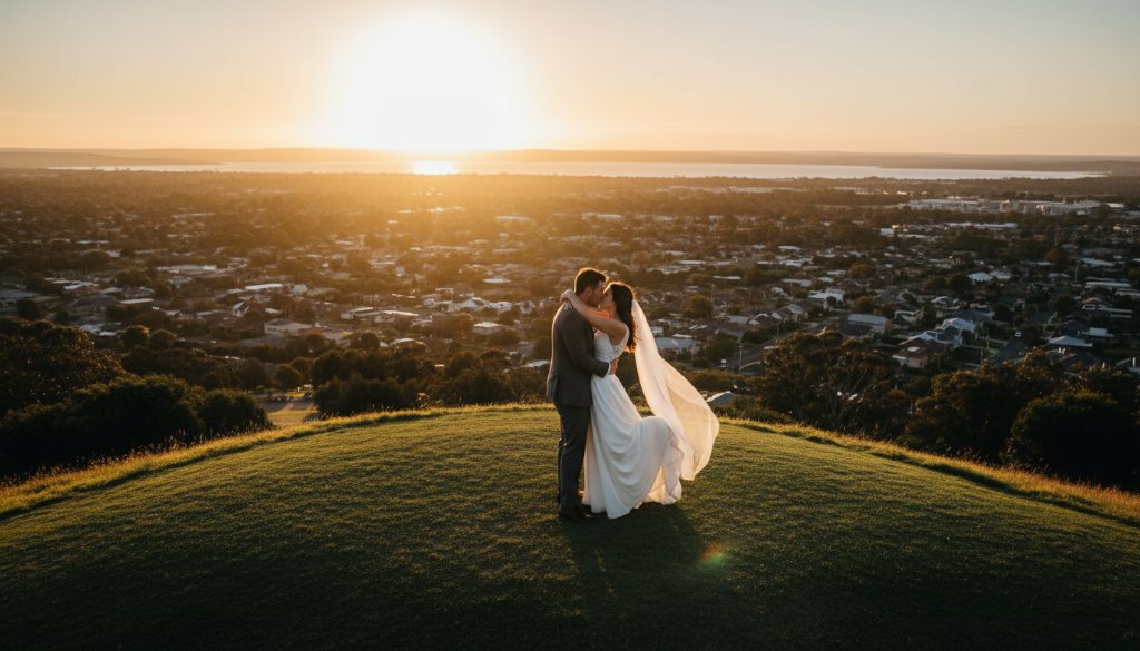 A breathtaking aerial shot showcasing dreamy Hamlyn Heights wedding photography Geelong, featuring a couple embracing at sunset on a scenic hilltop overlooking the suburb, with dramatic golden light.