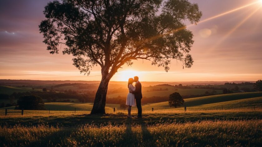 An intimate and dreamy Herne Hill engagement photography celebrating authentic love, featuring a couple embracing warmly at sunset in a rustic, open field, with dramatic golden light, soft focus, and vibrant colours, capturing their genuine connection.