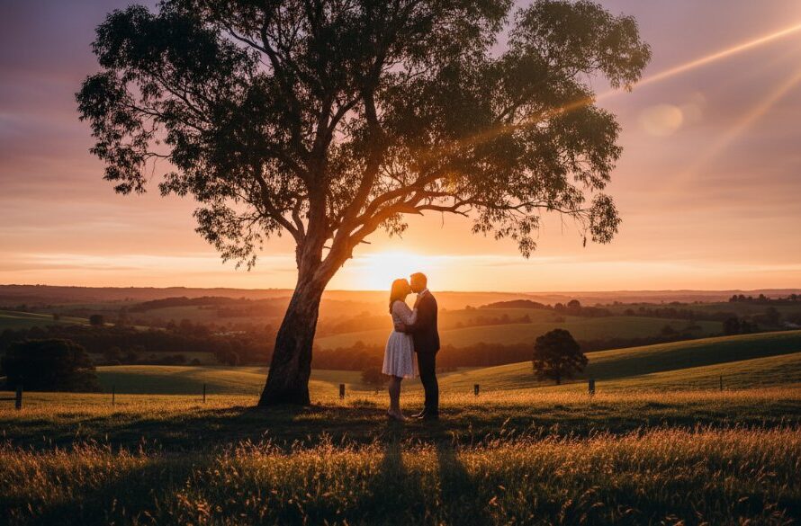 An intimate and dreamy Herne Hill engagement photography celebrating authentic love, featuring a couple embracing warmly at sunset in a rustic, open field, with dramatic golden light, soft focus, and vibrant colours, capturing their genuine connection.