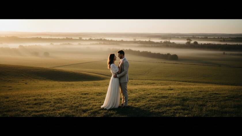 An epic, dreamlike shot capturing a couple embracing amidst a misty sunrise over the rolling hills of Hillside, Victoria, showcasing Dreamy Hillside Victoria Pre-Wedding Photography Moments with dramatic, golden hour lighting and professional colour grading.