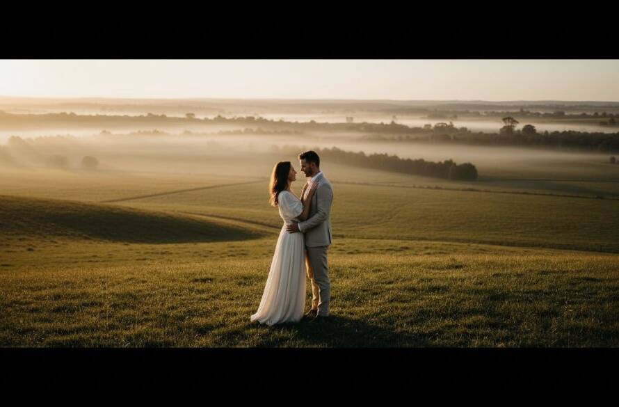 An epic, dreamlike shot capturing a couple embracing amidst a misty sunrise over the rolling hills of Hillside, Victoria, showcasing Dreamy Hillside Victoria Pre-Wedding Photography Moments with dramatic, golden hour lighting and professional colour grading.