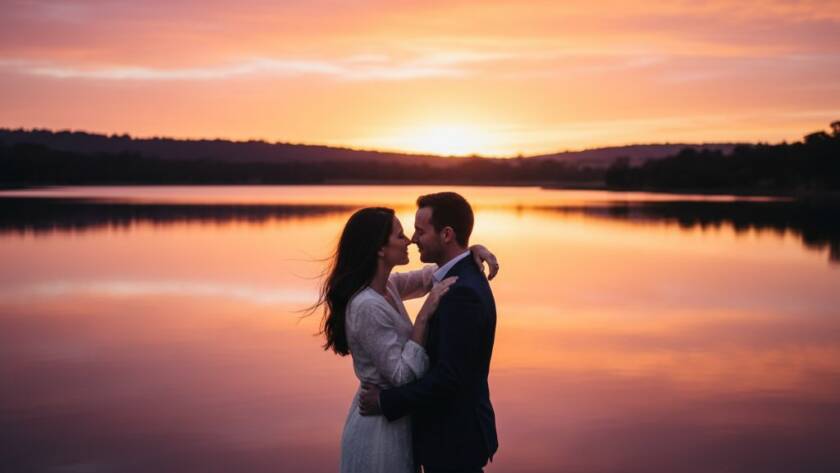 Epic moment capture of a couple embracing passionately at sunset, reflections shimmering on the lake's surface, showcasing dreamy lakeside engagement photography Rowville in Victoria, Australia, with warm, golden hour light creating a cinematic glow.