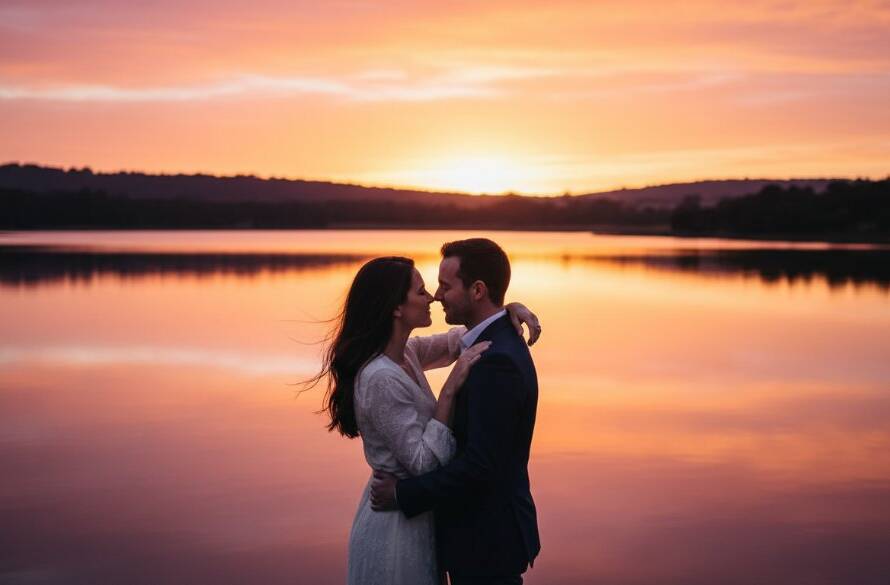 Epic moment capture of a couple embracing passionately at sunset, reflections shimmering on the lake's surface, showcasing dreamy lakeside engagement photography Rowville in Victoria, Australia, with warm, golden hour light creating a cinematic glow.