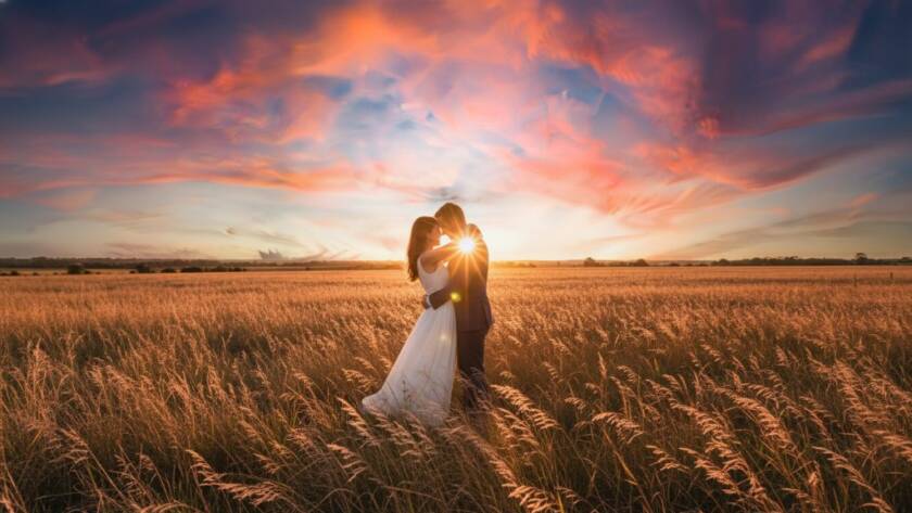 An epic moment from a dreamy Langwarrin engagement photoshoot, capturing a couple embracing passionately at sunset on a scenic Langwarrin natural reserve, with golden light illuminating their joyful expressions and the vast Australian sky.