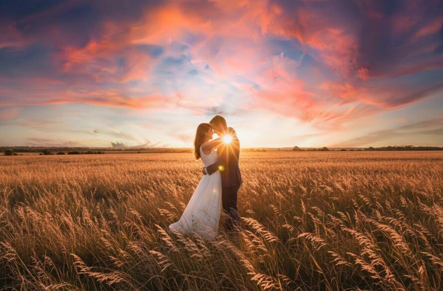 An epic moment from a dreamy Langwarrin engagement photoshoot, capturing a couple embracing passionately at sunset on a scenic Langwarrin natural reserve, with golden light illuminating their joyful expressions and the vast Australian sky.