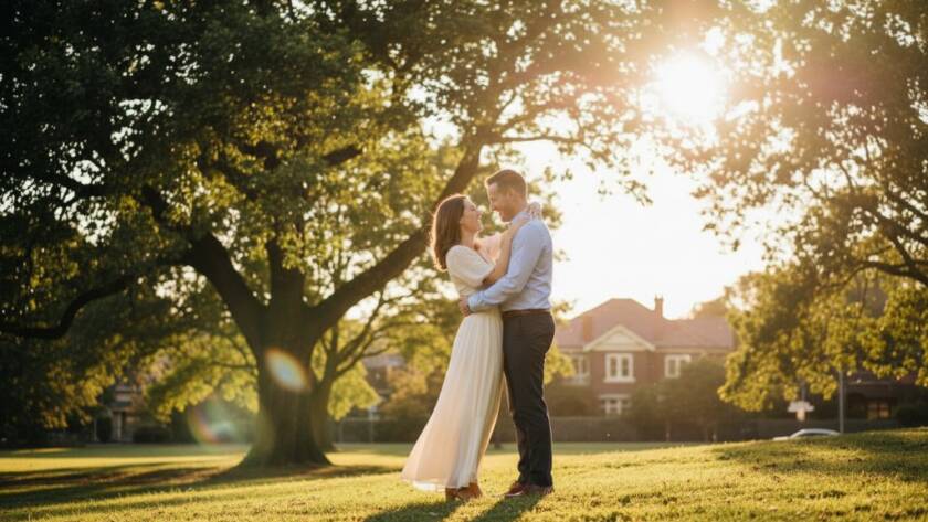 A couple shares a tender, joyful moment during their dreamy Malvern East engagement photoshoot, bathed in warm golden hour light in a lush park, captured in a cinematic, professional style.