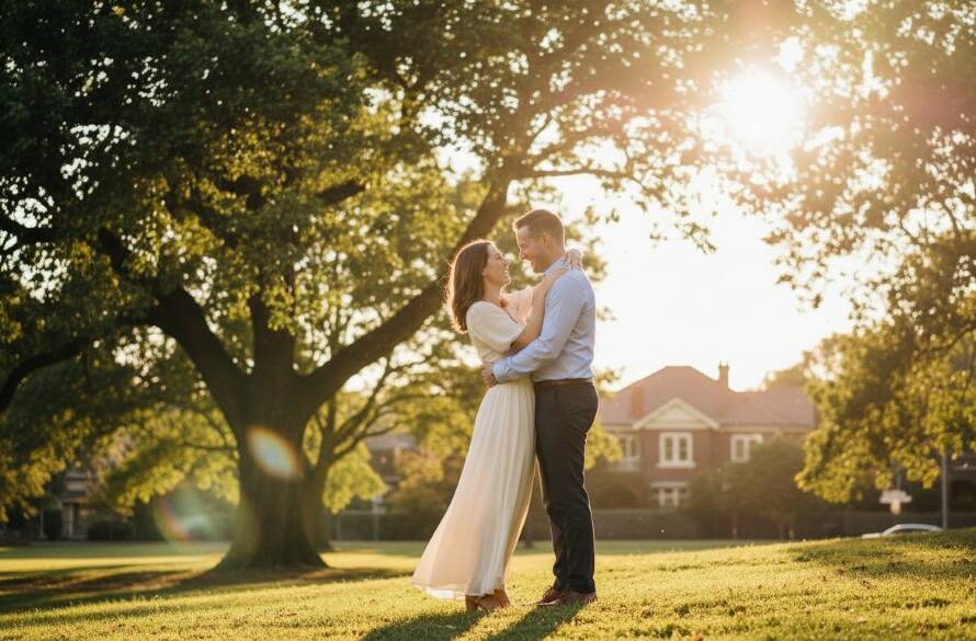 A couple shares a tender, joyful moment during their dreamy Malvern East engagement photoshoot, bathed in warm golden hour light in a lush park, captured in a cinematic, professional style.