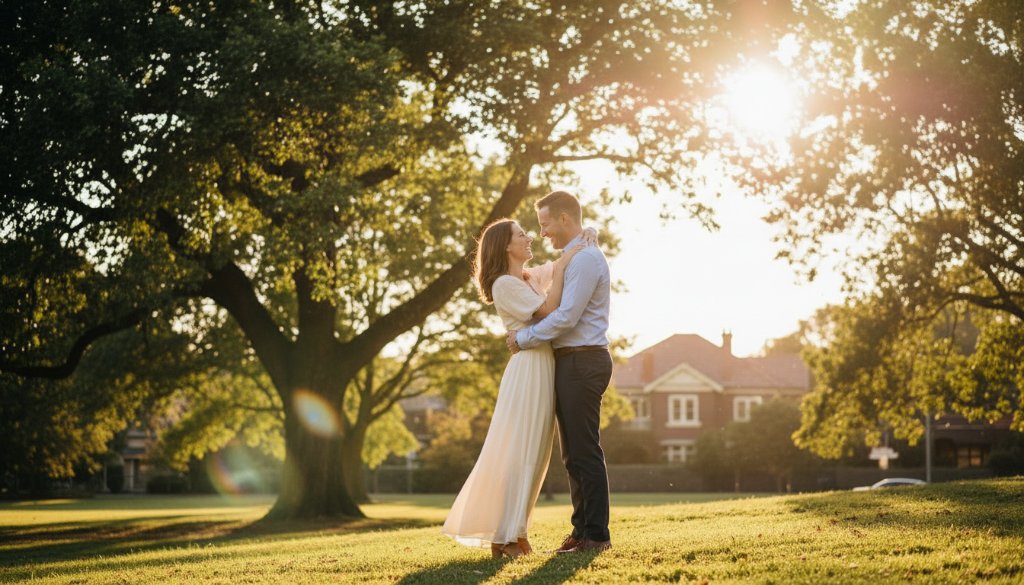 A couple shares a tender, joyful moment during their dreamy Malvern East engagement photoshoot, bathed in warm golden hour light in a lush park, captured in a cinematic, professional style.