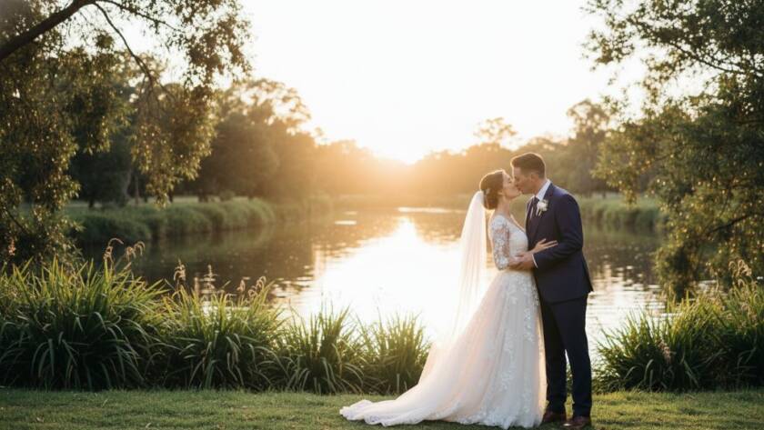 An epic, emotionally resonant photograph capturing a newlywed couple's joyful embrace amidst the lush, sun-drenched greenery of a Maribyrnong park, bathed in golden hour light, representing dreamy Maribyrnong Park wedding photography.